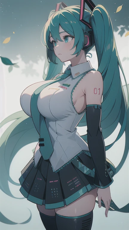 (High detail:1.2)anime girl,(cinematic lighting,delicate colors),(Leaves falling:1.2), Quiet lighting, wind, fog. turquoise, delta shadows. hatsune miku discord flag, huge breasts