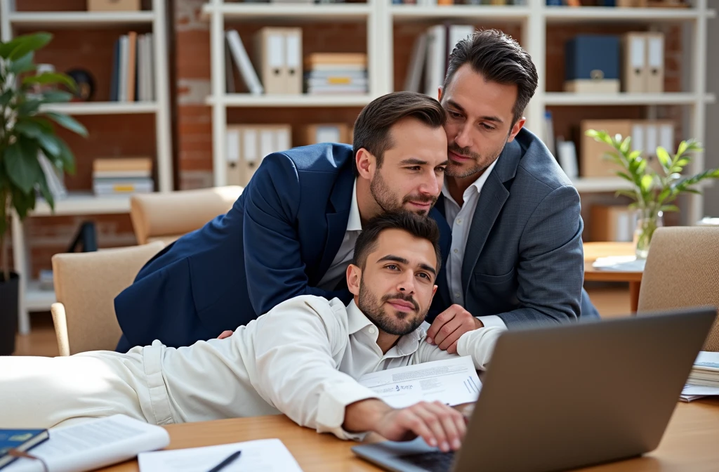 Two American male white-collar workers are operating laptops in the office,8k HD resolution,Natural light and shadow