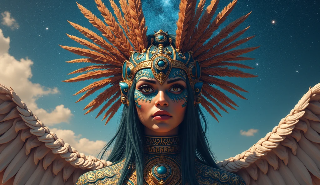 Quetzalcóatl, «the feathered snake», PRETTY EYES, highly detailed face, BEATIFULL eyes , STARS GALAXY background, 4k, high resolution, TATTOOS, PYRAMIDS, WINGS ON THE FEET, THE KING OF TALOACAN, PENACHO Set of raised feathers that certain SNAKEs have on the top of their heads. SNAKE HEAD PENACHO, SNAKE WINGS