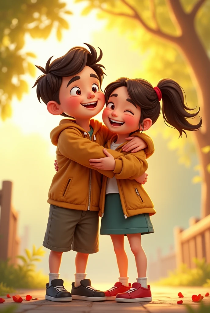 Capture a heartwarming moment of a brother and sister standing side by side, smiling and enjoying each other's company. The brother, slightly taller, has his arm around his sister's shoulder, while the sister playfully leans into him. They both have bright, joyful expressions, with a sunny park or cozy indoor setting in the background, emphasizing their close bond and sibling connection