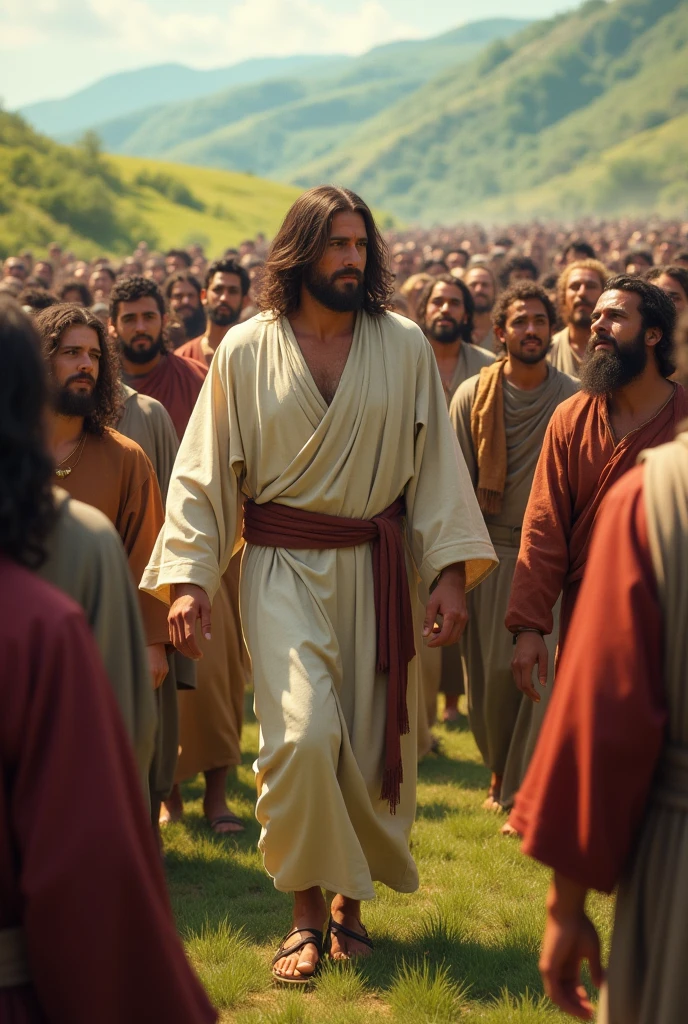 Jesus walking with a large crowd