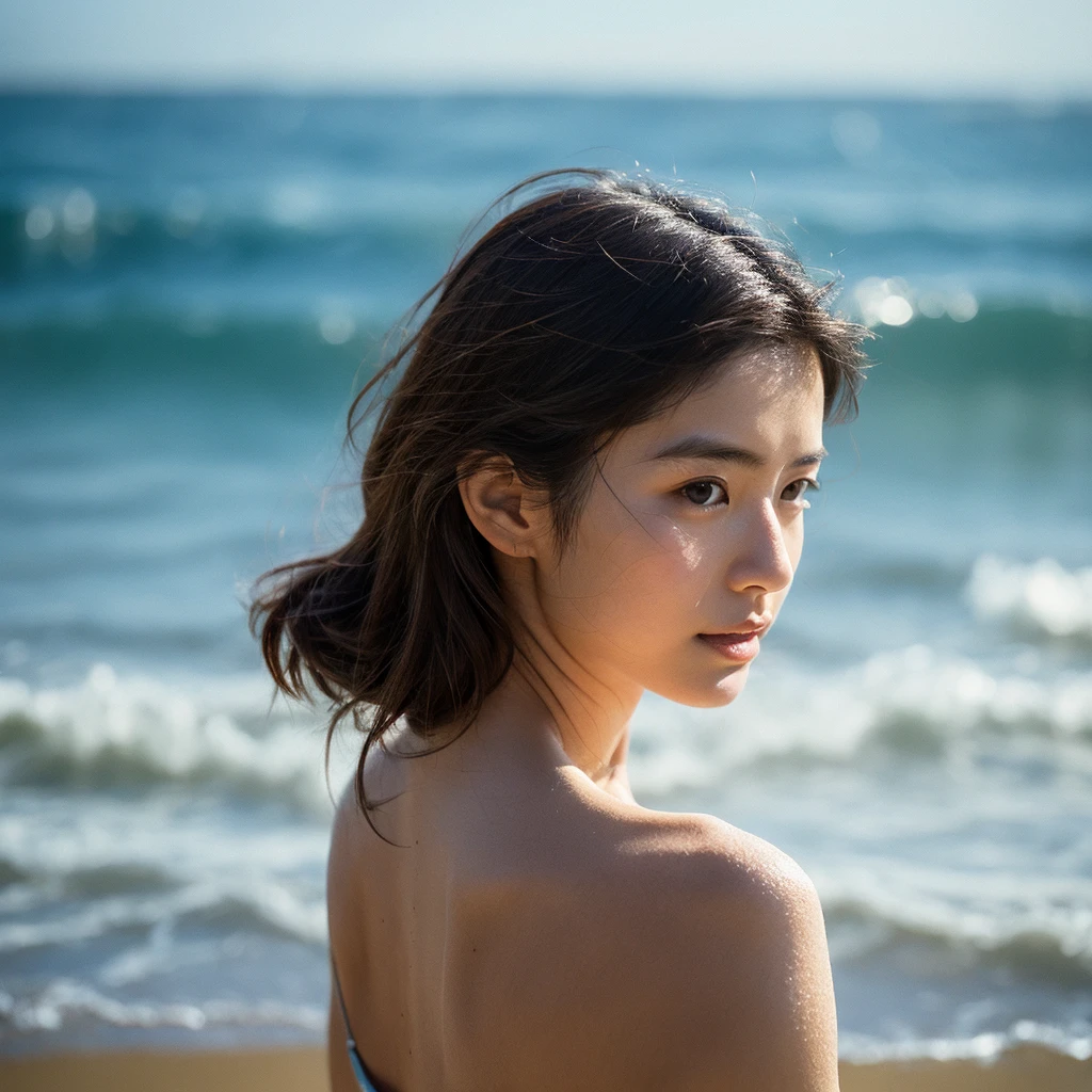 A hyper-realistic image of a single Japanese woman in her early 20s, captured with the nostalgic warmth and pronounced graininess of a film camera, showing her from the shoulders up as she stands on a sunlit beach. Her skin has a warm beige tone with a natural, visibly rough texture that includes pronounced pores, fine lines, and subtle imperfections such as small blemishes, slight unevenness, and a hint of sun exposure, contributing to the authenticity of her appearance. The texture of her skin is intentionally less smooth, with a tangible roughness that enhances the realism, making the surface appear slightly weathered by the elements. The soft, diffused natural light illuminates her face and shoulders with a gentle touch, casting shadows that subtly reveal the unevenness of her skin. Her straight, glossy black hair flows naturally in the ocean breeze, framing her face, and her deep brown eyes reflect the soft sunlight and the shimmering sea. The film camera effect amplifies the grain and texture, creating a warm, nostalgic atmosphere while maintaining the deliberately rougher, less polished texture of her skin. The composition, focused on her upper body, captures the serene elegance of the beach setting, highlighting the natural interaction of light and shadow on her skin. This combination of a rough, realistic skin texture, soft natural light, and the grainy film-like qualities ensures that the image presents an authentic, lifelike portrayal of the woman, centered on her face and shoulders.