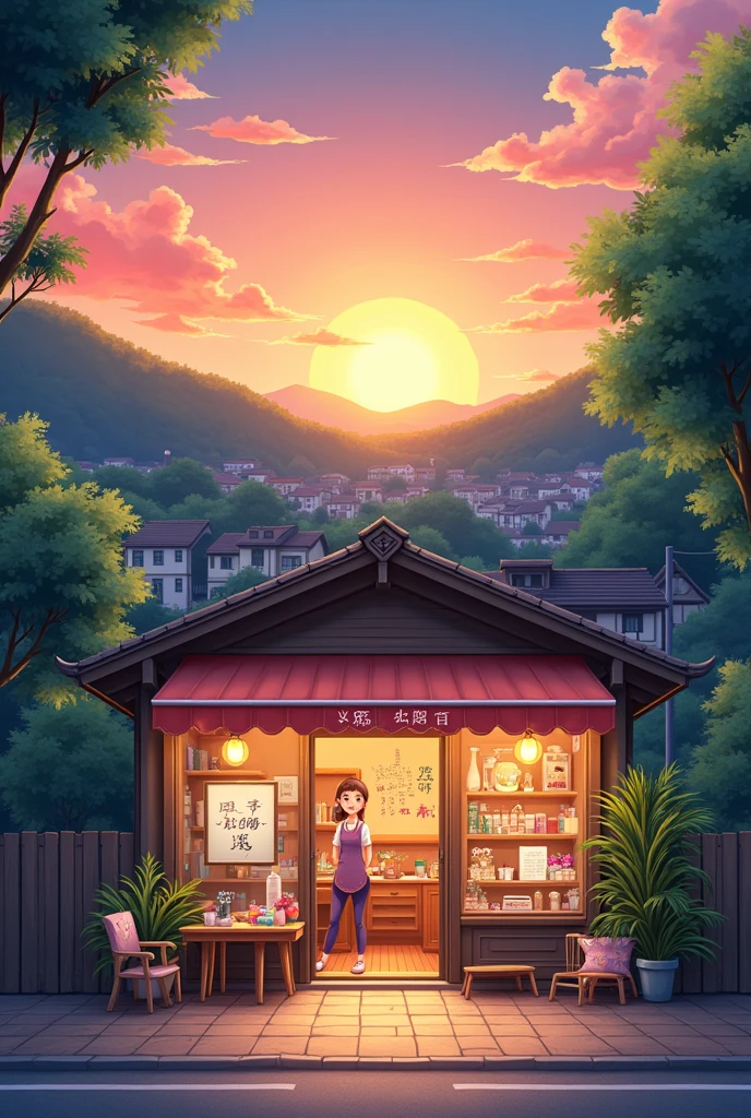 Graphics design shop in small city 
street , greenary hill background, evening orange 
sky anime

