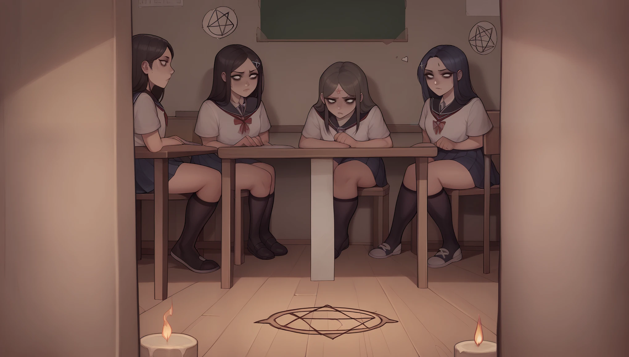 "A dimly lit, empty classroom with an unsettling atmosphere. The room is mostly dark, with the only light coming from the faint glow of a pentagram drawn on the floor in the center. The desks and chairs are pushed to the sides, leaving the middle of the room clear for the ritual. The pentagram is intricately drawn with chalk, surrounded by strange symbols and lit candles at each point, casting flickering shadows across the room. In the center of the pentagram, five girls sit cross-legged, their faces serious and focused as they chant in unison. They are dressed in school uniforms, but their expressions and the dark circles under their eyes give them an eerie, otherworldly appearance. The air is thick with tension, and there’s a sense that something supernatural is about to happen. The windows are closed, with the curtains drawn, allowing no outside light to penetrate. The overall atmosphere is haunting, with a mix of fear and anticipation hanging in the air as the ritual reaches its climax."