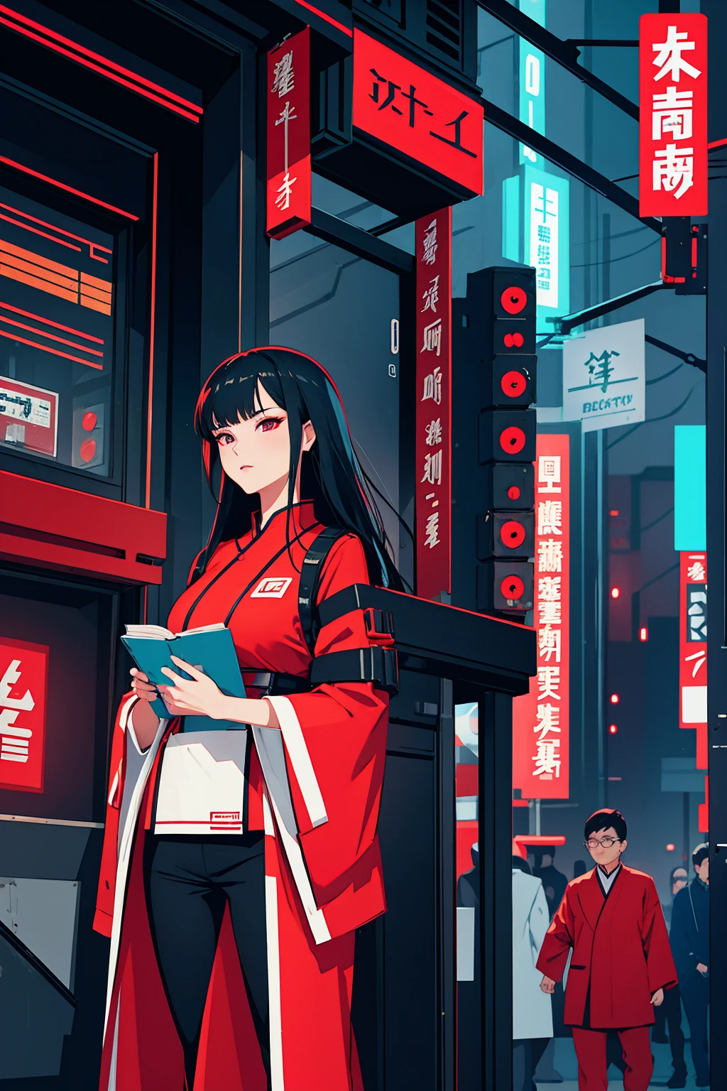 cyberpunk book cover. cybernetic chinese sexy girl wearing red cheonsam in japan future city