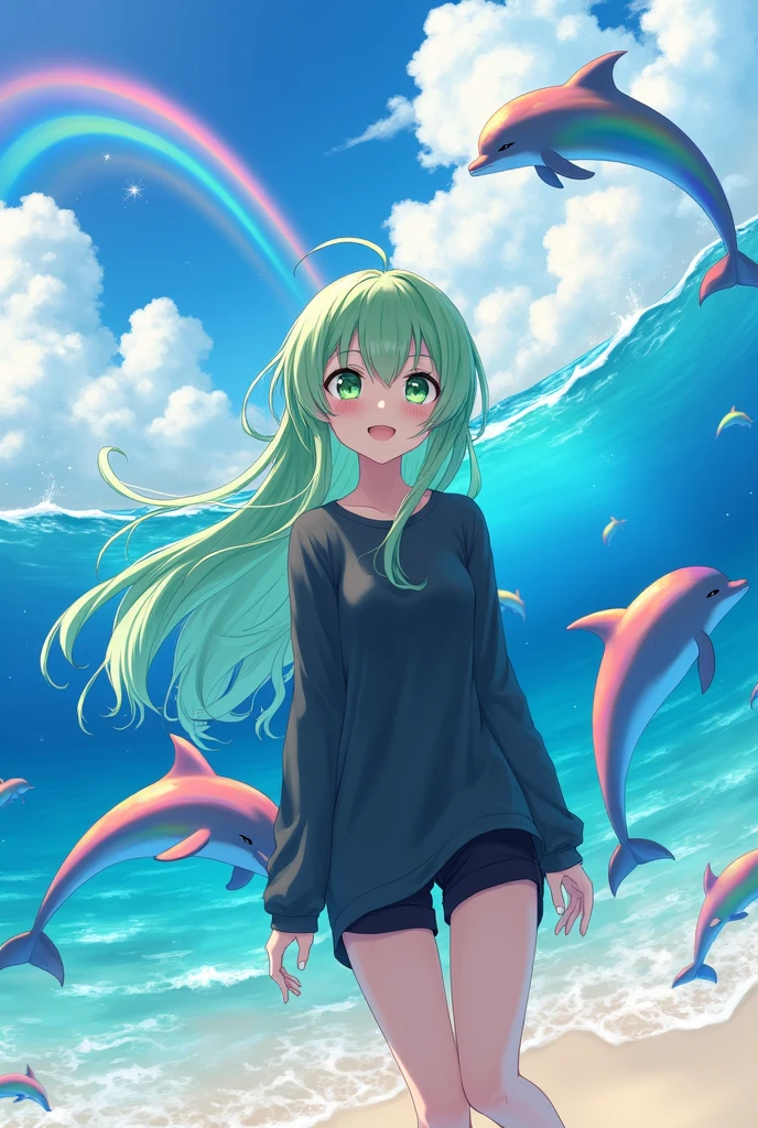 Rainbow dolphins, in a beach, bright rainbow in the background, Bright sea, anime girl, Long green hair, green eyes, Pale skin, long black shirt, black shorts, happy face, high quality