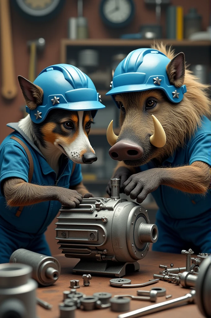 A dog and a wild boar wearing a blue helmet and blue work clothes dismantling an electric motor