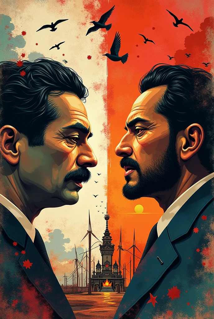 Create an iconic and curious poster by José Carlos Mariategui ( representing socialism) vs Victor Raul Haya de la Torre( representing the APRA) (Both are Peruvian) ; that has a famous phrase from one of them