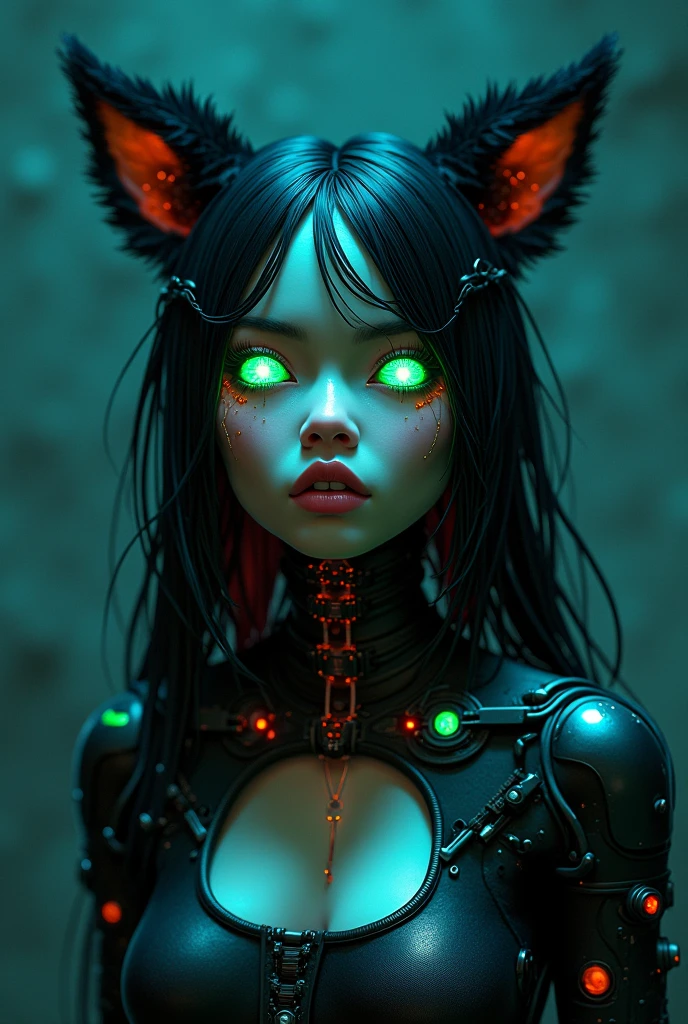 1girl, (solo), best quality, intricate details, sci-fi, (biopunk), (green whites of eyes, blue iris, compound eyes, narrow pupils, bright pupils, wide eyes, radioactive), parted mouth, nose , lips, ((wire, segmented tube, machines)), neon, purple, red, (black furry), furry female, animal ear fluff, cyborg, black fur, silhouette, nude, nipple