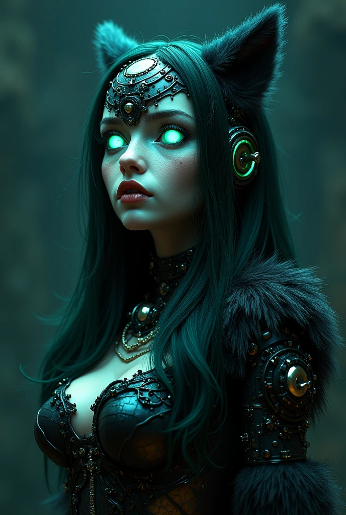 1girl, (solo), best quality, intricate details, sci-fi, (biopunk), (green whites of eyes, blue iris, compound eyes, narrow pupils, bright pupils, wide eyes, radioactive), parted mouth, nose , lips, ((wire, segmented tube, machines)), neon, purple, red, (black furry), furry female, animal ear fluff, cyborg, black fur, silhouette, nude, nipple