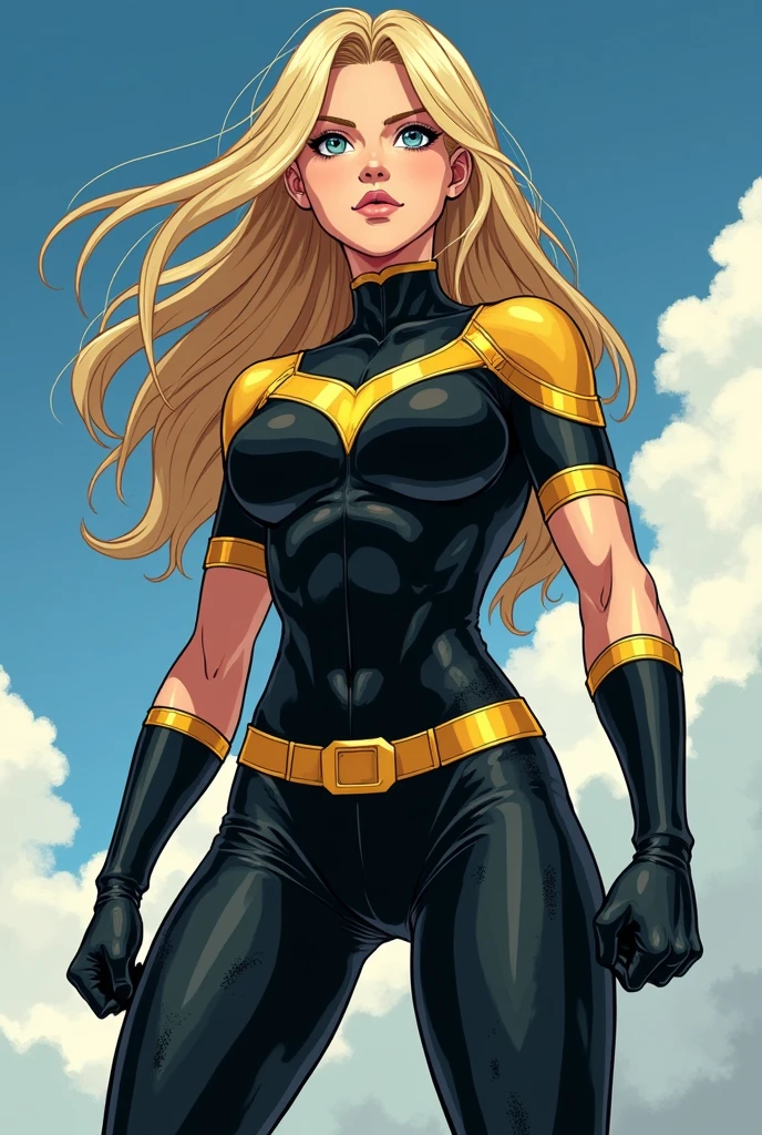Young lady, blond long hair, blue eye, serious expression, corpo delgado, black superhero costume with gold details, tight-fitting, Muscular and strong body, dense muscle, clouds in the background, seen from a distance, full body view, 90's anime style, desaturated colors, many hatches, less detailed clean drawing