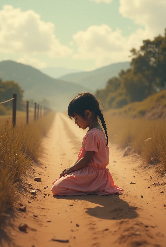 Serra Gaucha, dirt road with dust in the air, Serra Gaucha, dirt road with dust in the air,  children crying, head low , pink clothes, on her knees on the ground , pink