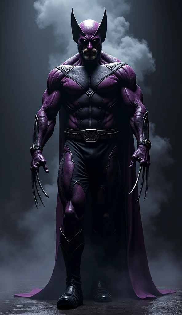 Dark, dark Wolverine character with dark purple color uniform with black gradient, with an evil energy around him, Full body image appearing feet farther away from the camera, with as much detail and high definition as possible, HD, Realistic. Black color shaded screen background with white.