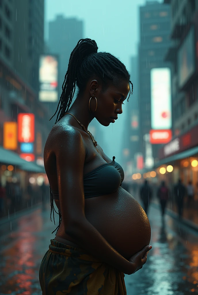 In a raining setting in a big city Generate an image of an African crying slim girl in the city heavily pregnant