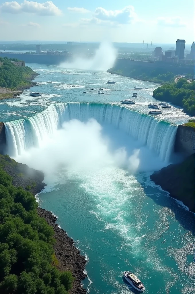 Generate an image of Niagara Falls, showcasing the massive and dramatic falls from both the American and Canadian sides. Include the thunderous flow of water, the mist, and the surrounding park area. The scene should capture the iconic Horseshoe Falls with its impressive volume and the boats approaching the base of the falls.”