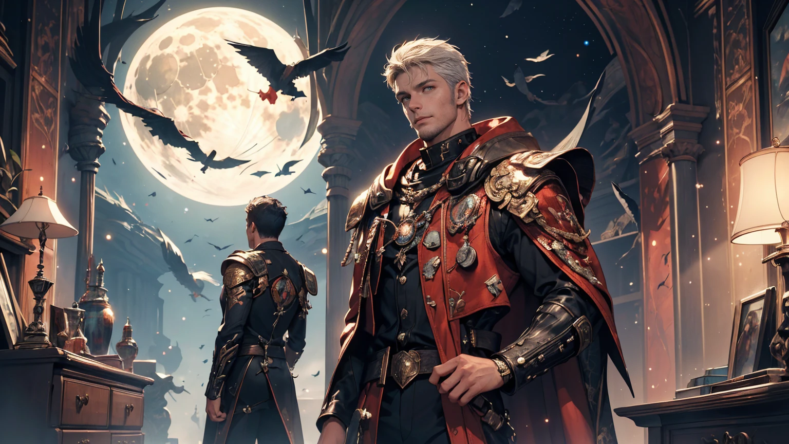 A handsome guy with short white hair wearing black and red space suit clothing, walking along inside a spaceship fantasy theme. (best quality, 4k, highres, masterpiece:1.2), ultra-detailed, (realistic:1.37) Additional details: His clothes are adorned with intricate embroidery and metal buckles with a laser pistols on each side of his hip. The backdrop shows a window outside of the spaceship that shows earth in it's entirety. (fantasy-themed:1.2) Color palette: Deep and rich neutral tones (rich colors) Lighting: Moonlight streaming down, casting long shadows. (moonlight, scary, dramatic shadows)