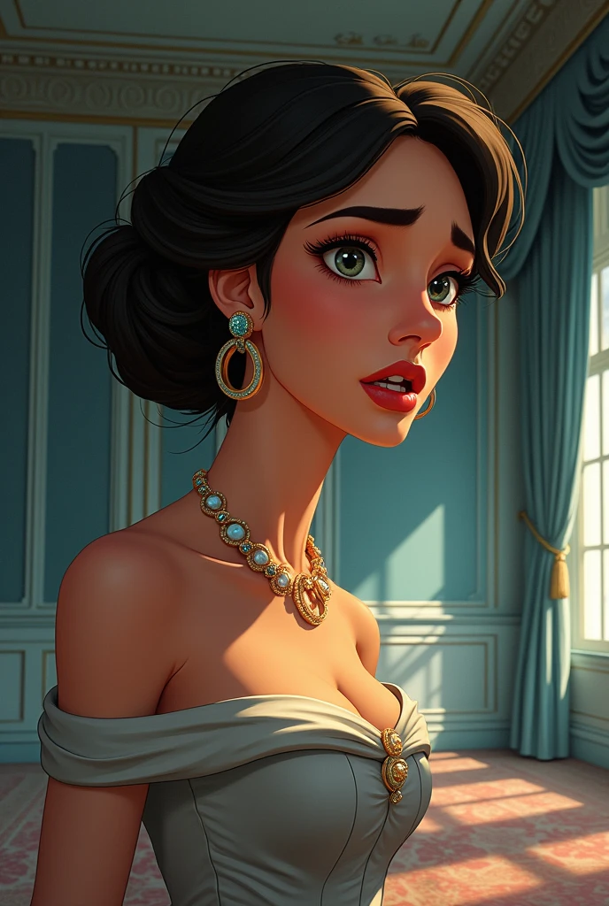 Beautiful and rich woman scared, looking at the showcase of his empty house in animated style