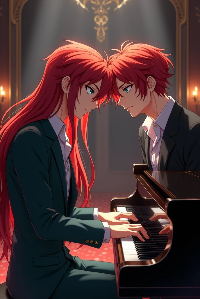 Anime handsome men with long red hair and turquoise eyes, playing the piano