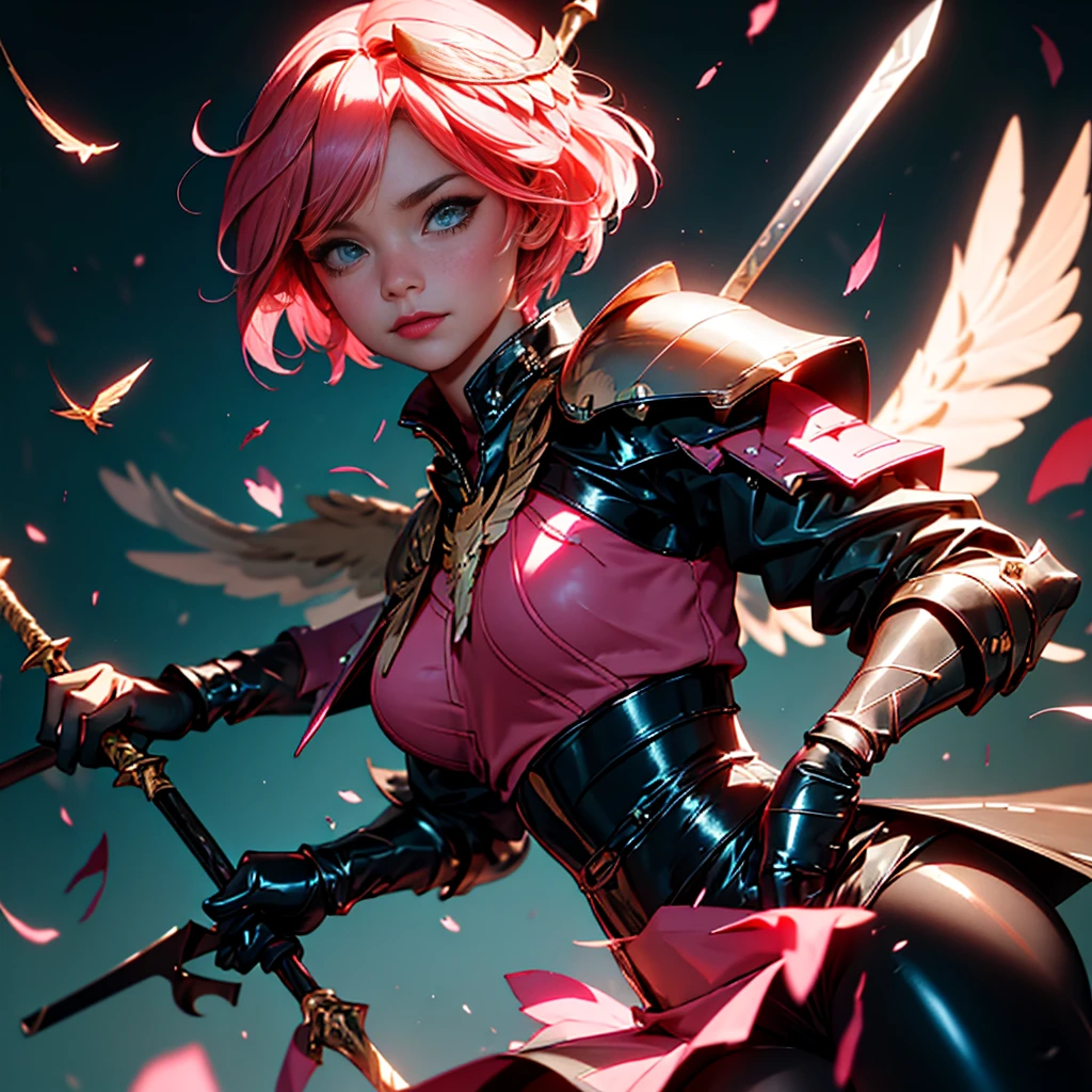 envision a 8k, highres, cinematic, beautiful close up portrait of a hawk woman with pretty mature features posing with a halberd with short pink hair, wings on head, a black shiny skirt, black tights, flight jacket, leather armor, magic effects in dark lighting, against a dark gray background