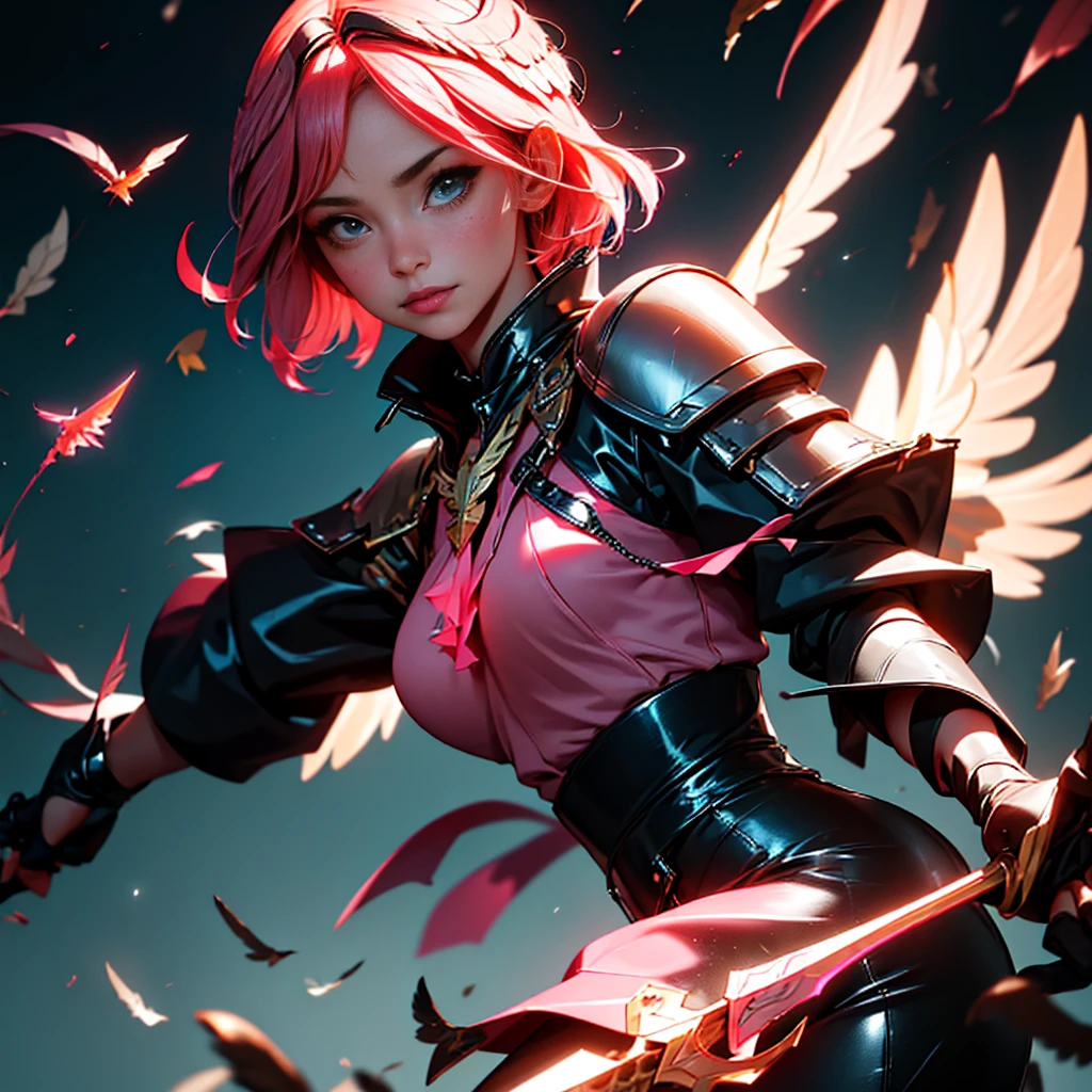 envision a 8k, highres, cinematic, beautiful close up portrait of a hawk woman with pretty mature features posing with a halberd with short pink hair, wings on head, a black shiny skirt, black tights, flight jacket, leather armor, magic effects in dark lighting, against a dark gray background