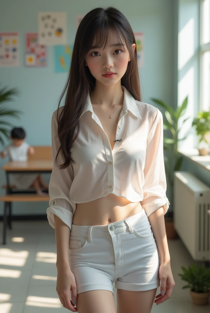 a girl at school with a fuller body, shorter clothes, a little thinner and shorter clothes make her white and shorter clothes put her in a tight mini skirt and with a transparent shirt, put a mini skirt on her