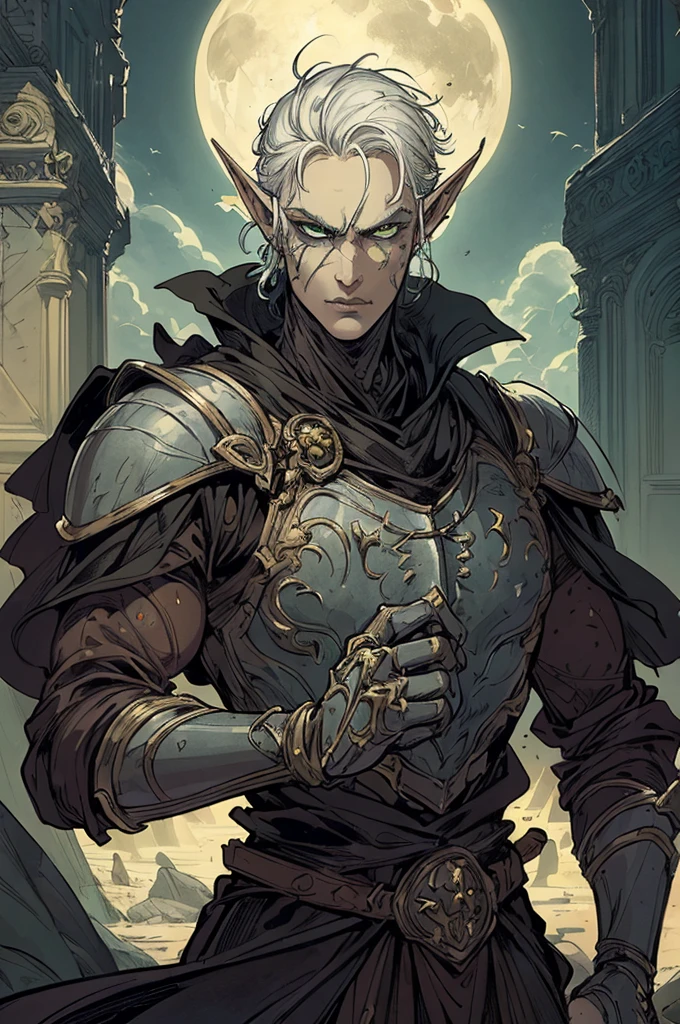 work of art:1.2, best qualityer, 1 Young elf , elf man the, absurderes, tenebrosa, action photo, fantasy knight , portraite, not kentaro miura style, man with white hair, , , green eye sockets, action photo,, masculine, muscular, clear facial arachteristics,(Masterpiece artwork,Superior Quority,best qualityer,ultra-high resolution,cclear facial arachteristics,beautiful eyes,gorgeous face)