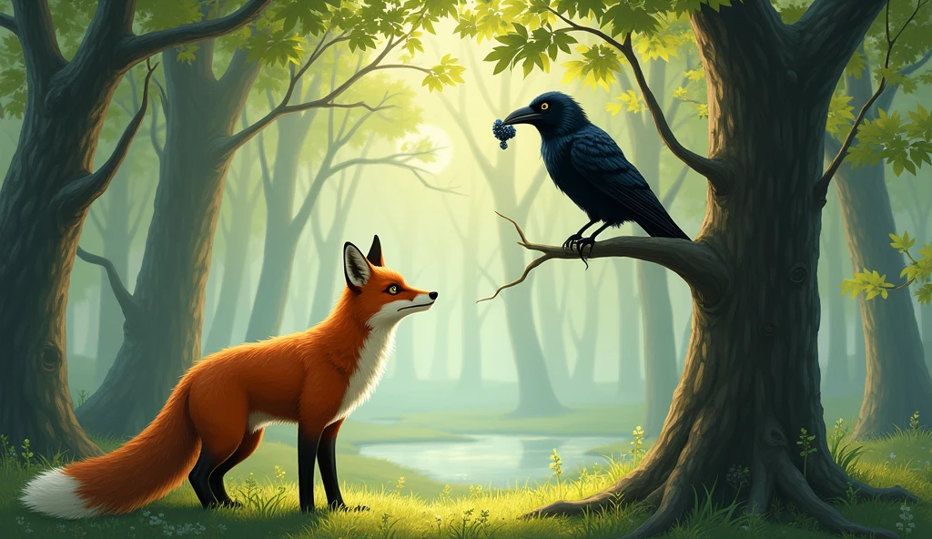 The fox began to speak to the crow in a sweet tone., while the crow bites tightly, the crow is on a tall tree. The fox was under the tree facing the crow..
Fox Dialogue:
“Halo, Gagak yang anggun! Your voice must be as beautiful as your shiny fur.”