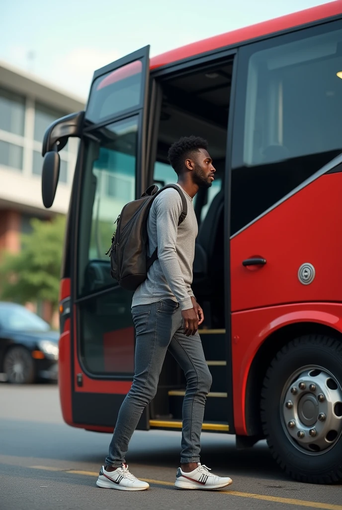 Black skinned European football player , leaving the club sports bus, dressed in normal clothes, with a backpack, Outside the stadium, arredores Outside the stadium onde o autocarro estacionou.