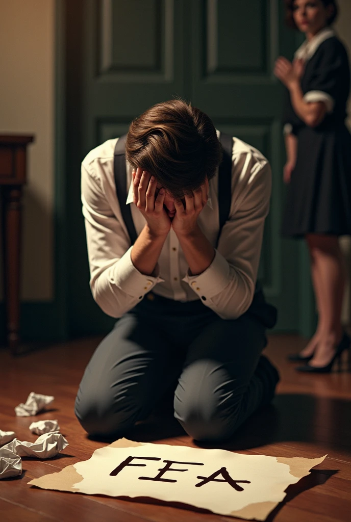 make a guy on his knees crying on the floor. on the floor there is a paper with the letters fea intertwined. the girl is well dressed in old clothes. has brown hair and the atmosphere is chic and old