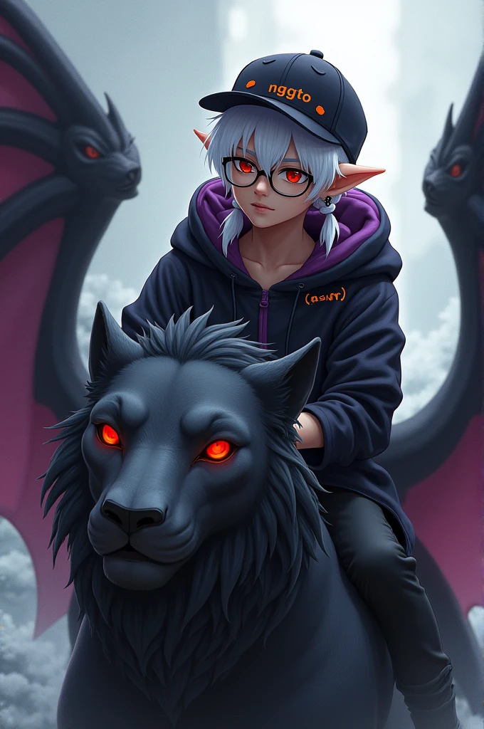 young man, Black skin tone, dark red eyes, elf ear small size, black earring in the shape of a cross but with two ears, wears prescription glasses, White hair, hair tied with ponytail, 2 strands of hair in the front, wears a black cap with a cat face, wears a closed hood with two different colors, black on one side and purple on the other, with an orange name written: NGGTO. Riding a red-eyed black lion with wings