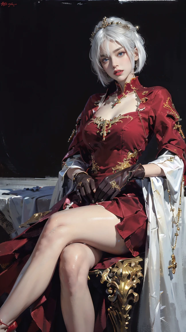 ((best quality))，forest，Fat Face，High heel，White hair，被Jewelry包裹，laughing out loud，((masterpiece)),short hair，extravagant的，((1 girl))， Lots of details，skirt，extravagant，luxury，Solitary，Bare thighs, ferry,，Ink everywhere，((luxury轿车, ((High Thigh)), ((Jewelry)),Red Dress, 蓝色skirt, ((Gloves))，Cross your legs,（Nikolai Fehin），(Clothes that fit， Fisher, )
