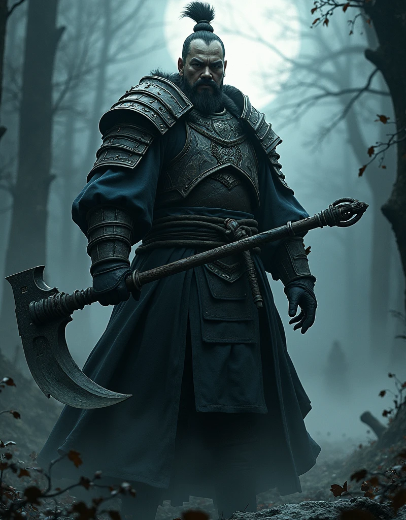 《Black myth Goku》Game poster，Zhu Bajie is majestic，Being in《Journey to the West》In the 3D dark fantasy world。He was wearing thick、Faded Armor，Exudes a dark luster。His hand tightly grasped the vicious nine-toothed rake，The sharp teeth reflected a dim and ominous light。The background is a desolate ancient Chinese landscape，Overgrown forests and crumbling temples bathed in a ghostly moonlight。The atmosphere is full of mystery and fear，It seems that in every shadow lurks an invisible。The poster showcases highly detailed textures、Realistic lighting effects and depth perception，Immerse the audience in a sinister world，All of this was created using the cutting-edge features of Unreal Engine 5。