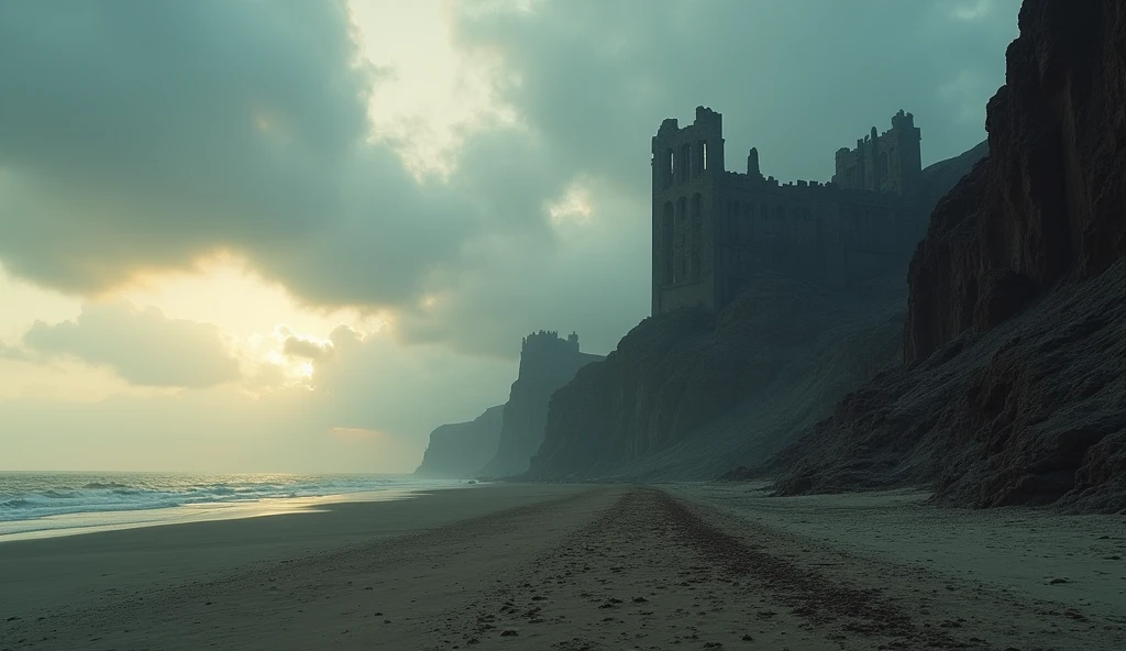 a desolate landscape, cloudy day, cliffs on the right, castle ruins on the cliffs, beach shore on the left, arid ground, sunset, dramatic lighting, moody atmosphere, cinematic, muted color palette, realistic, hyper-detailed, masterpiece, 8k, photorealistic, professional, cinematic lighting, impeccable lighting, dramatic shadows, stunning details, intricate textures, beautiful scenery, breathtaking vista, epic scale, grand and imposing, magnificent castle, rugged cliffs, rugged coastline, serene beach, moody sky, atmospheric haze, intricate architectural details, worn and weathered surfaces, stunning realism, cinematic composition, dramatic lighting effects, stunning color palette, exquisite details, sublime beauty, epic grandeur