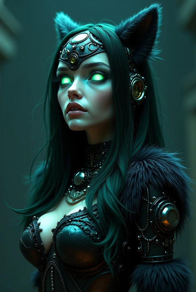 1girl, (solo), best quality, intricate details, sci-fi, (biopunk), (green whites of eyes, blue iris, compound eyes, narrow pupils, bright pupils, wide eyes, radioactive), parted mouth, nose , lips, ((wire, segmented tube, machines)), neon, purple, red, (black furry), furry female, animal ear fluff, cyborg, black fur, silhouette, nude, nipple