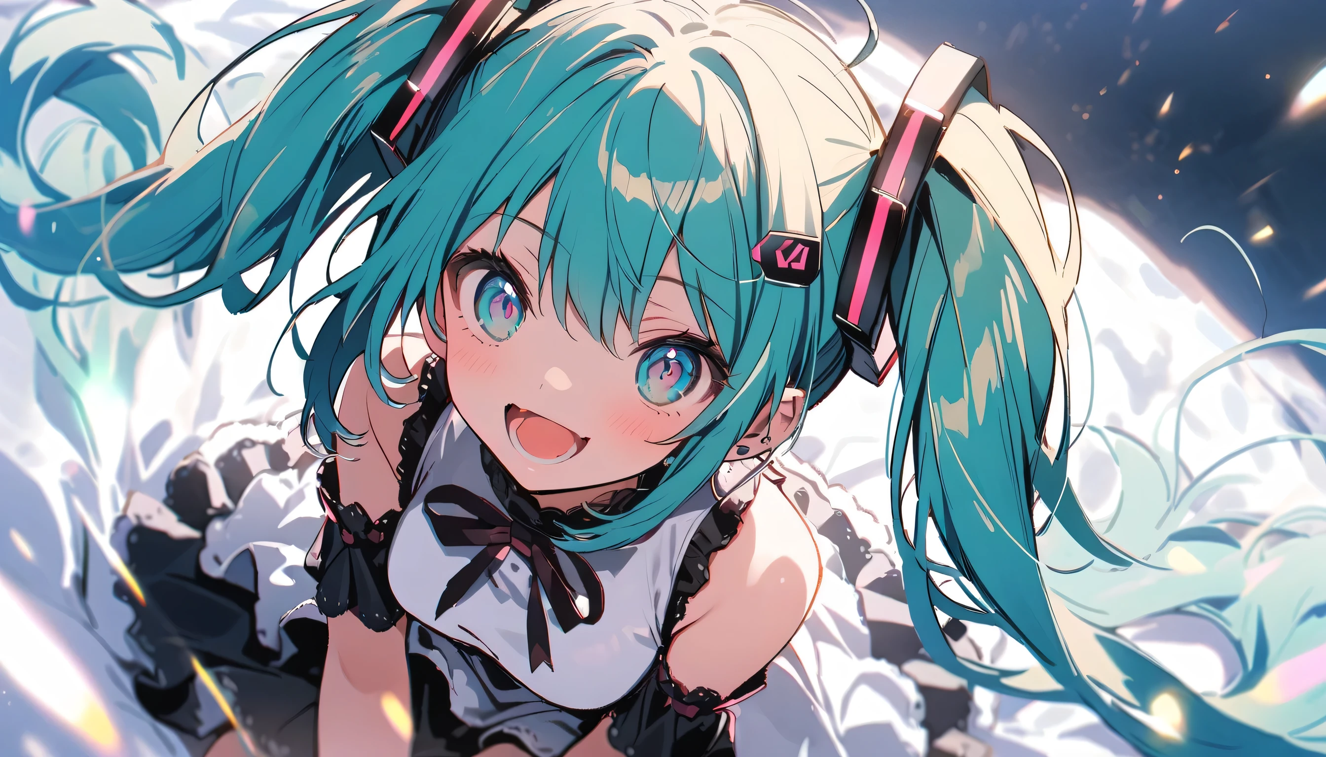 hatsune miku、smile、Sitting、Open your mouth、Particles of light、Observe the audience、Look at this
