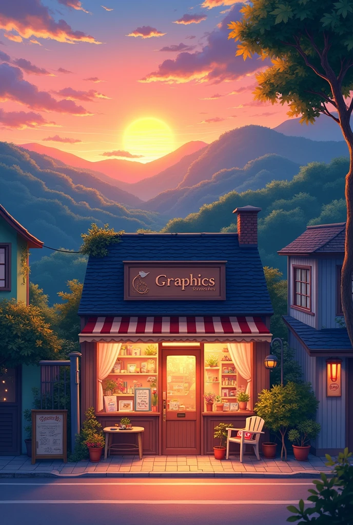 Graphics design shop in small city 
street , greenary hill background, evening orange 
sky anime
