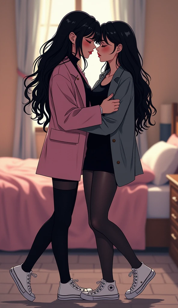 Two young womens, long black hairs, yuri, lesbian
The first young women black eyes wear a pink coat, black shirt, black pencil skirt, black underpants, black tights, white socks, white sneakers high top.
The second young women black eyes wore a grey coat, black shirt, black pencil skirt, black underpants, black tights, white socks, white sneakers high top.
french kiss, lesbian kiss, kissing, sensual body, closed eyes, used one hand pull up the black pencil skirt, bedroom, cartoon novel, 4K, HD