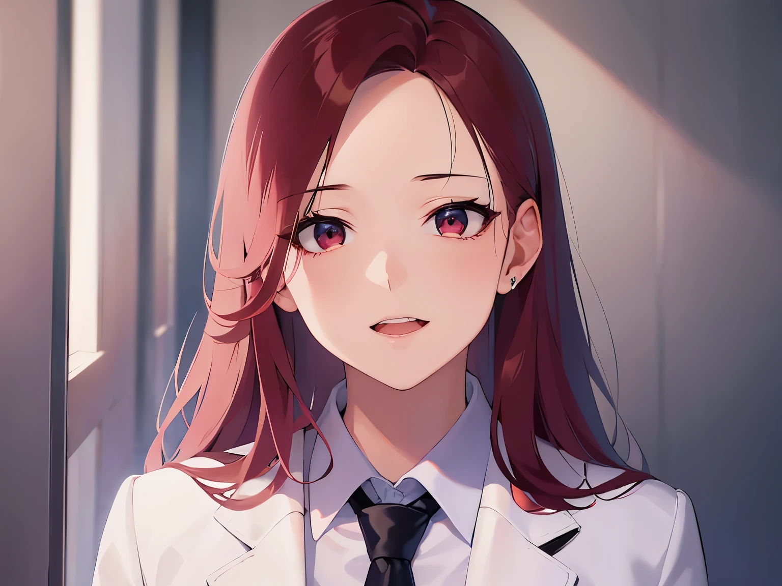 Realistic, real person, RAW photo, photorealistic, portrait photography, shiny skin,  2 woman、(Medium Hair) and (red hair) and (red eyes), (business suit:1.5) and (white collared shirt),smile, open mouth, The background is the conference room、Alone