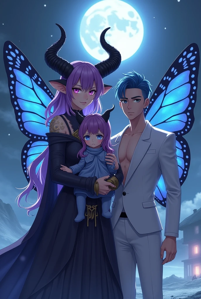 Woman with purple hair with black horns, Valkyrie clothing, elephant ears, fuchsia pink eyes, carrying a child with purple hair, blue eyes, with black horns and blue moth wings on her back, and still holding a man with pointed ears, blue hair and RAF blue skin, wearing a white elegant suit, robust build and fine features on his face, with blue moth wings on his back, looking at the camera, detailed, at night, rays of light moon, background on the outside of a tundra, ultra detailed photography, 4k quality lighting, high resolution, masterpiece, anime style.