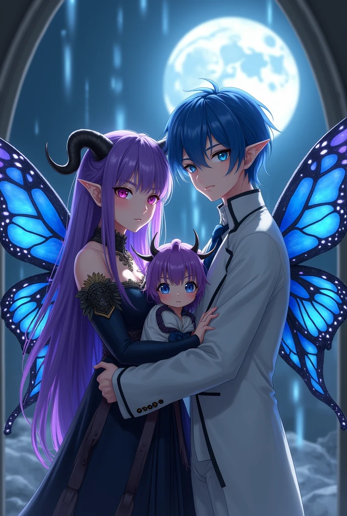 Woman with purple hair with black horns, Valkyrie clothing, elephant ears, fuchsia pink eyes, carrying a with purple hair, blue eyes, with black horns and blue moth wings on her back, and still holding a man with pointed ears, blue hair and RAF blue skin, wearing a white elegant suit, robust build and fine features on his face, with blue moth wings on his back, looking at the camera, detailed, at night, rays of light moon, background on the outside of a tundra, ultra detailed photography, 4k quality lighting, high resolution, masterpiece, anime style.