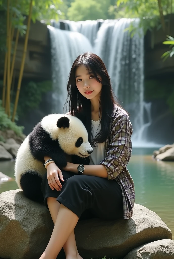 Beautiful Korean girl with smooth white skin, well-groomed face, thin smile long black hair tassel,purple, white checkered olive green shirt , white panda pattern t-shirt,black cropped pants,Lots of pockets. Cool watch, Posing sitting on a rock beside a very beautiful and exotic waterfall,while hugging a big panda, there is a panda, wandering around.under the waterfall the river looks calm, stones in the water , On the banks of the river there are small, very beautiful flowers. The flowers look real., green bamboo forest background, sunlight penetrates through the gaps in the bamboo trees, original photo,HD,