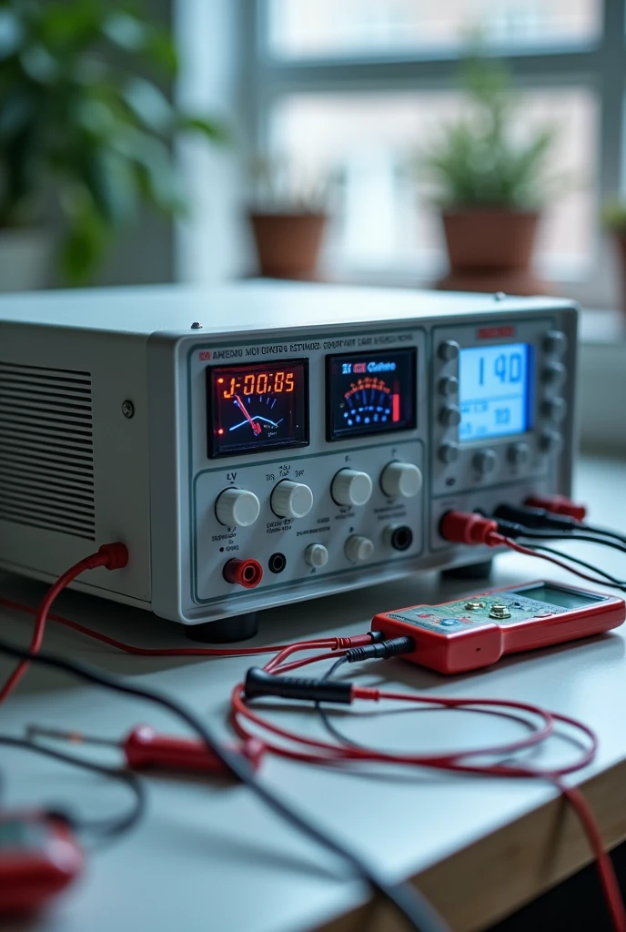 Photo or illustration of a 1V to 10v adjustable power supply in use, connected to a test device, like a multimeter or a dummy load.
