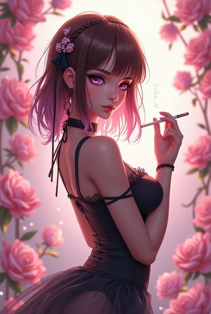 1girl, voluptuous body, skinny waist, wide hips, brown + pink highlighted medium straight hair, purple eyes, freckles,, solo, emo hair,, flowers, looking at viewer, braids, bows, dresses, pink flowers, bows, hair accessories, bangs, smoking, sexy, , holding cigarette, virtual youtuber, blue bow
