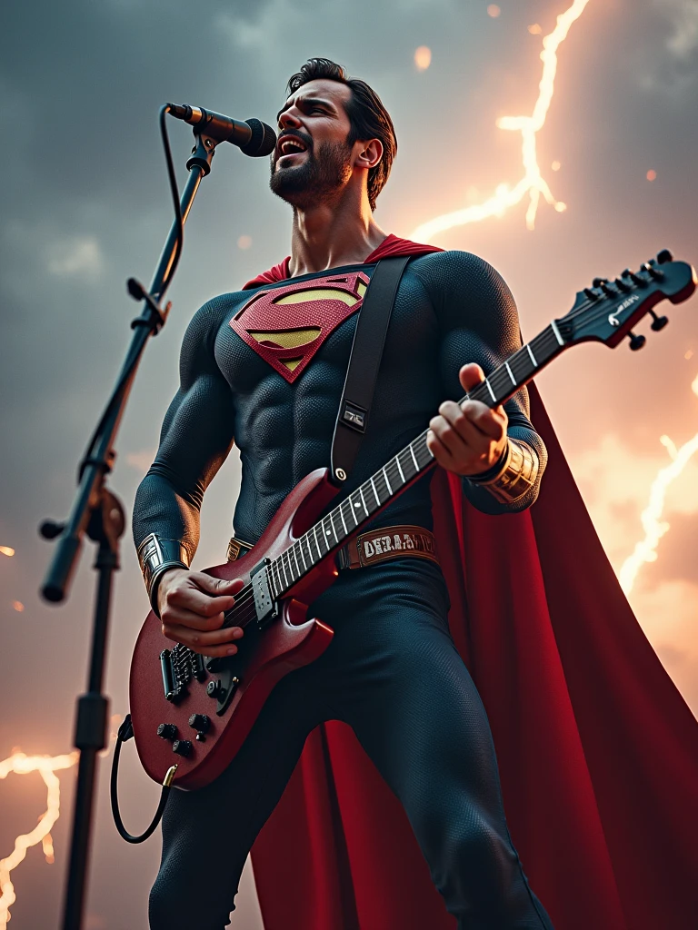 Rock Superman marvel holding the microfon singing with a background of thunder and a very rock vibes.
