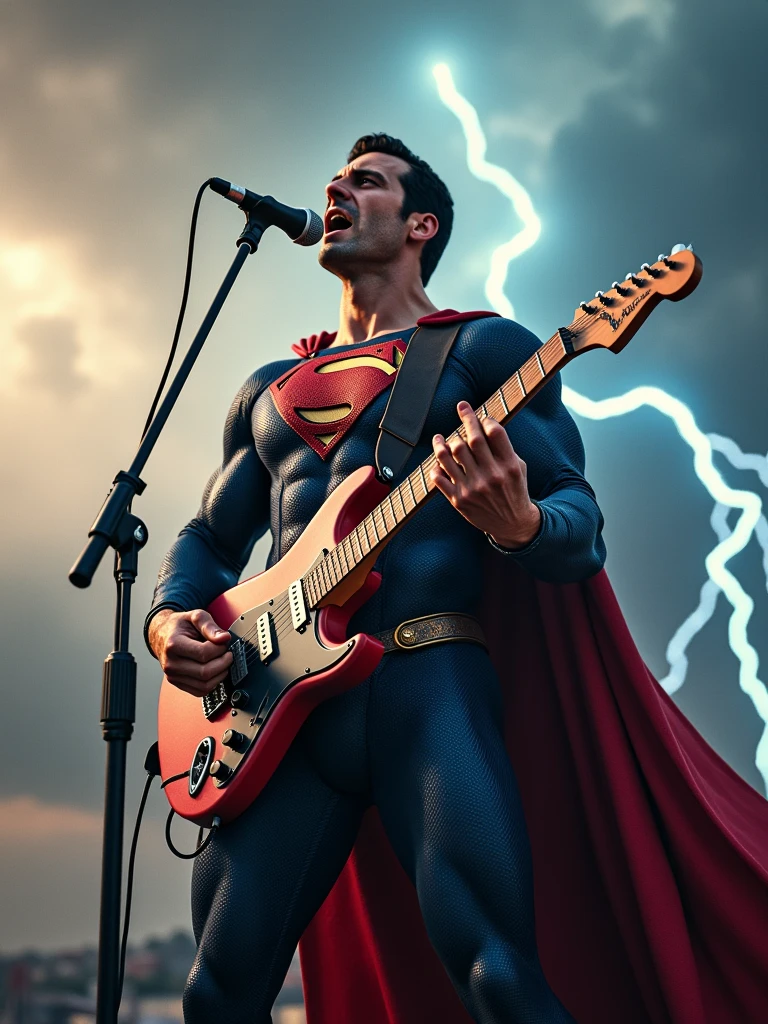 Rock Superman marvel holding the microfon singing with a background of thunder and a very rock vibes.