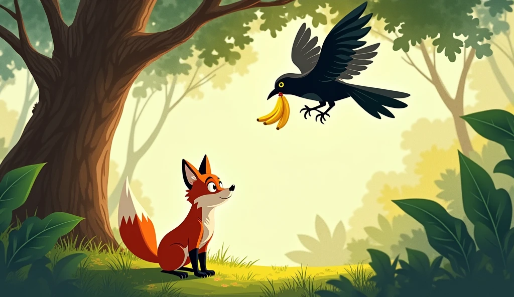 The fox began to speak to the crow in a sweet tone., while the crow bites the banana tightly, the crow is on a tall tree. The fox was under the tree facing the crow..
Fox Dialogue:
“Halo, Gagak yang anggun! Your voice must be as beautiful as your shiny fur.”