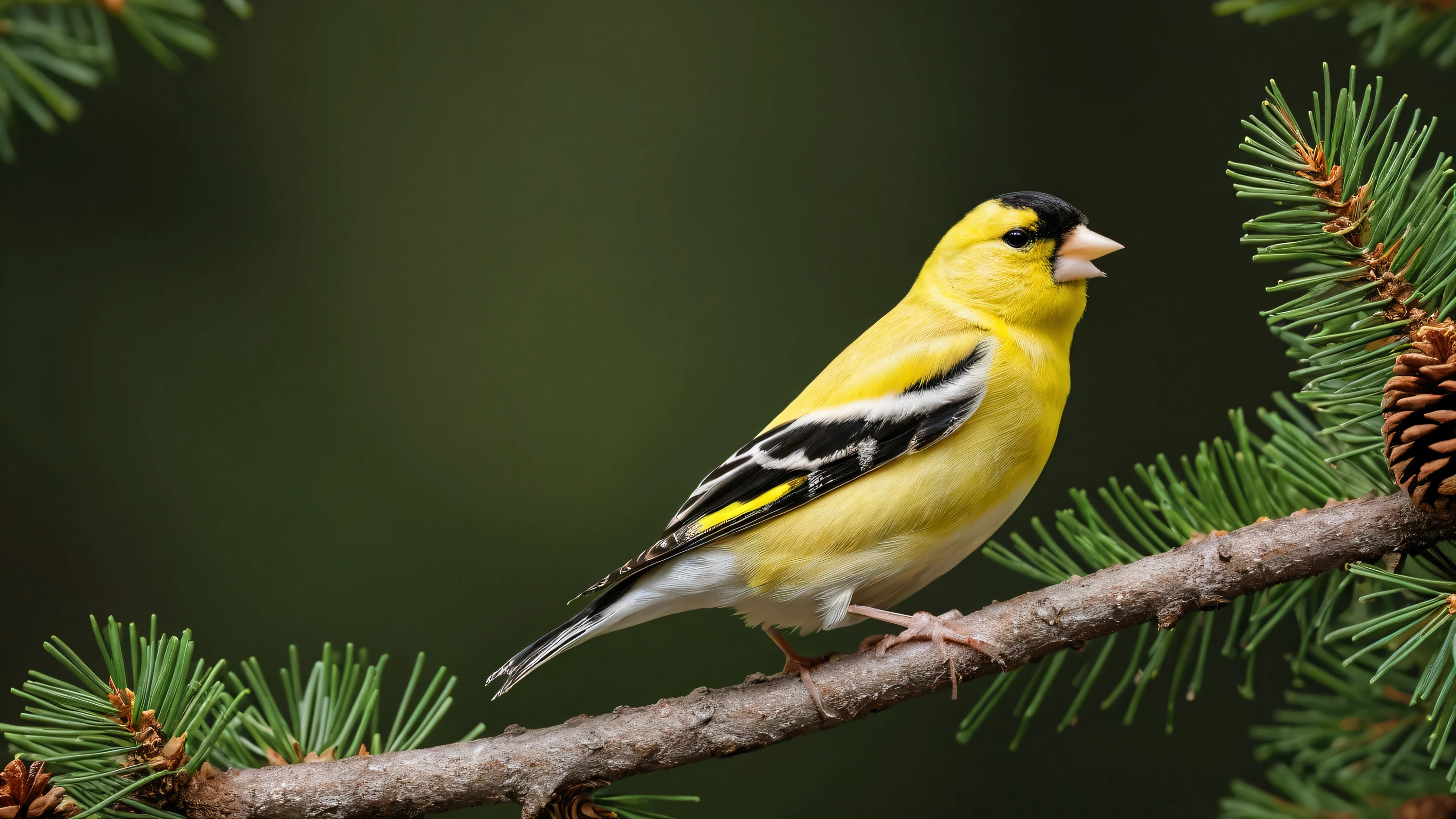 Ultra-high-definition 8K close-up photo of an American Goldfinch perched gracefully on a pine tree branch. The bird's vivid yellow feathers stand out beautifully against the lush green pine needles and the textured brown pine cones.