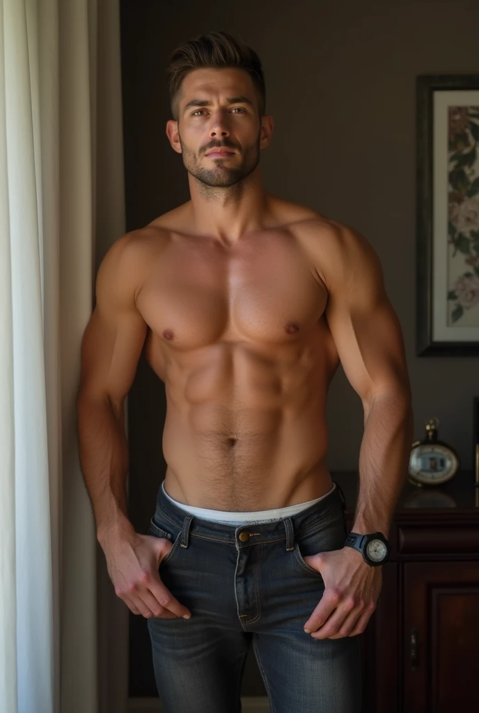 Handsome man, standing in the house, jerking off, have 6 pack, has a 17 cm long cock
