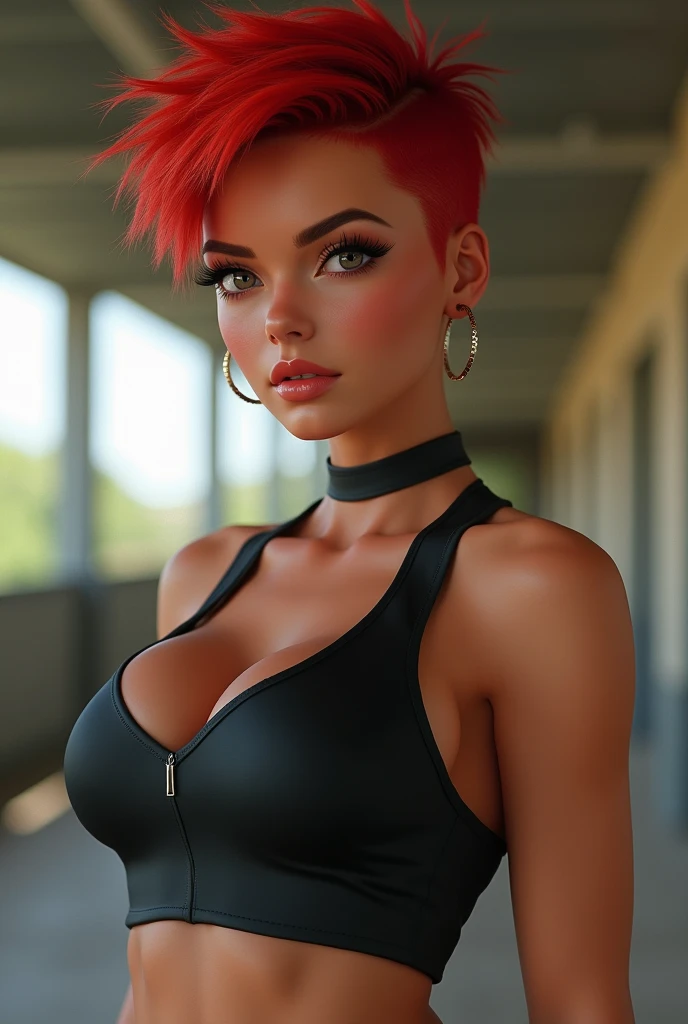 A Brazilian woman with 1,50, wearing short, tight black clothes, red short hair, new