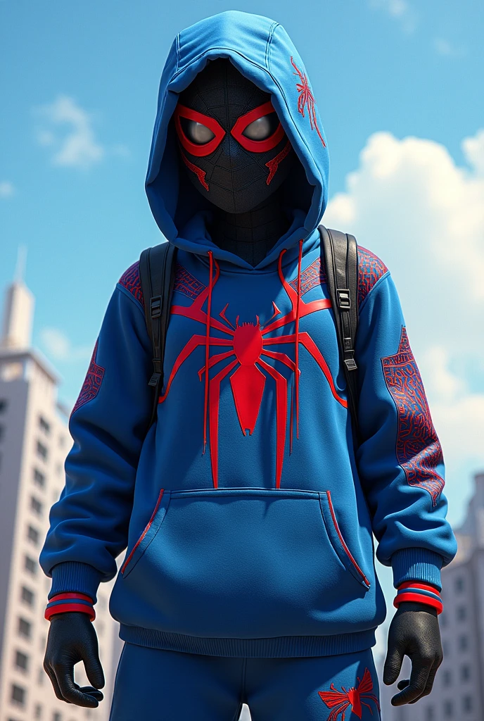 Sky blue and red teenager espaiderman With a sweatshirt that has a cap, with black gloves, (that has a mask)